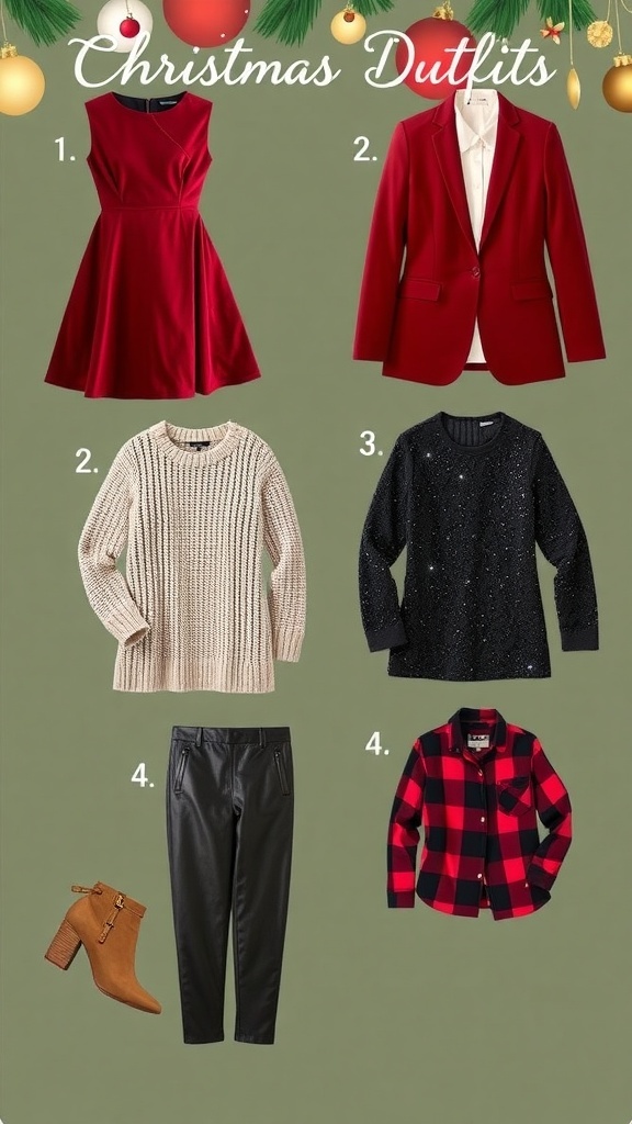 Christmas Dinner Outfit Ideas Stylish Christmas dinner outfits including a red dress, blazer, sweater dress, sequined top, and flannel shirt.
